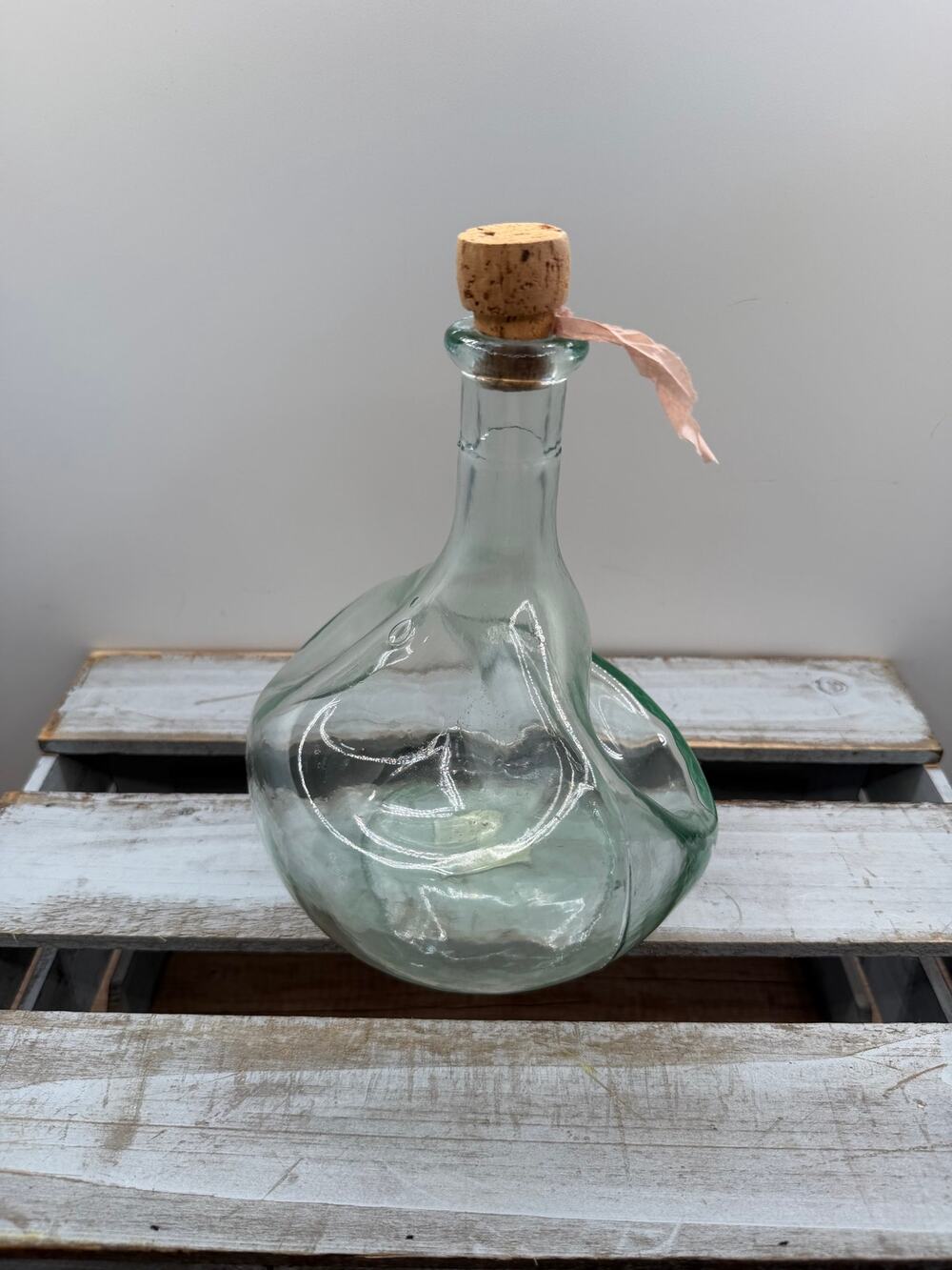 Vintage Pinched Glass Bottle Decanter -Cork Stopper -Dimple Molded Green Tint 8"